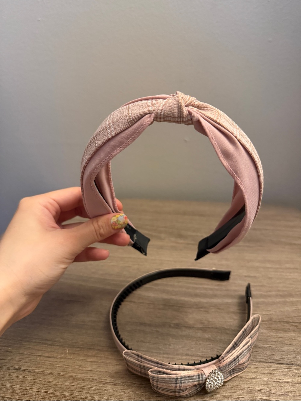 Plaid Pink Knotted Headband with Crystal Accent Set 2 - Picture 6 of 7